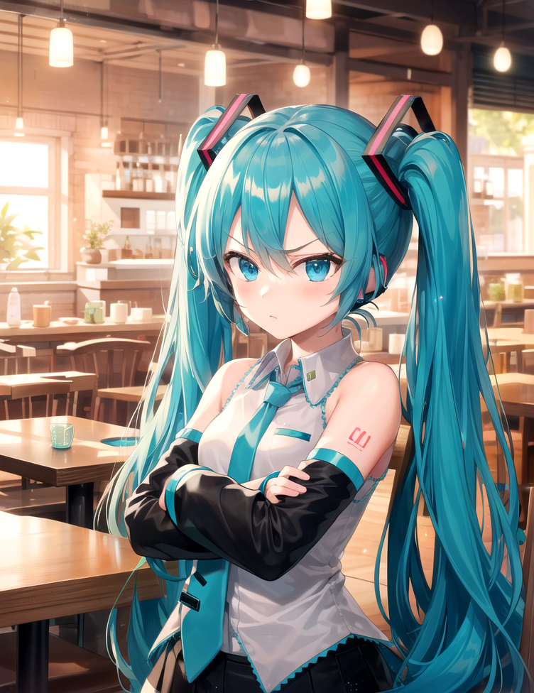 00020-3514023396-masterpiece, best quality, hatsune miku, 1girl, white shirt, blue necktie, bare shoulders, very detailed background, cafe, angry.png