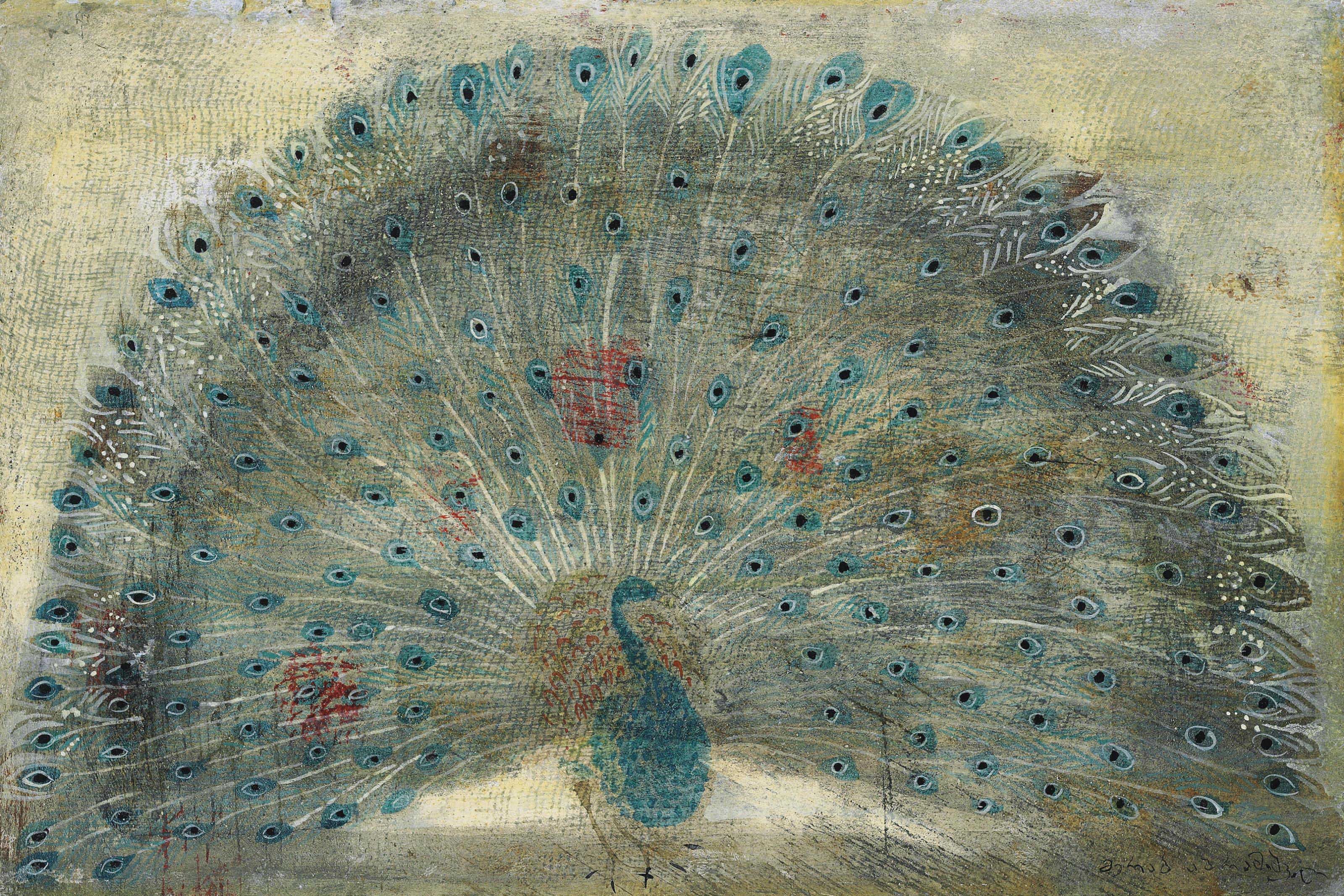 a painting of a peacock with lots of feathers on it's tail and tail feathers spread out to the side, art by bnha.jpg