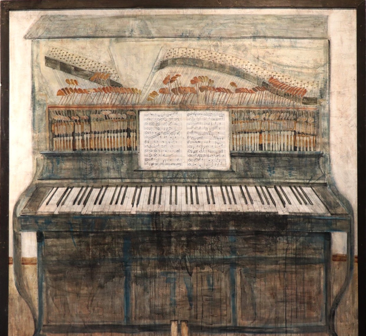 a painting of an old piano with a sheet of paper on the top of it, art by bnha.jpg