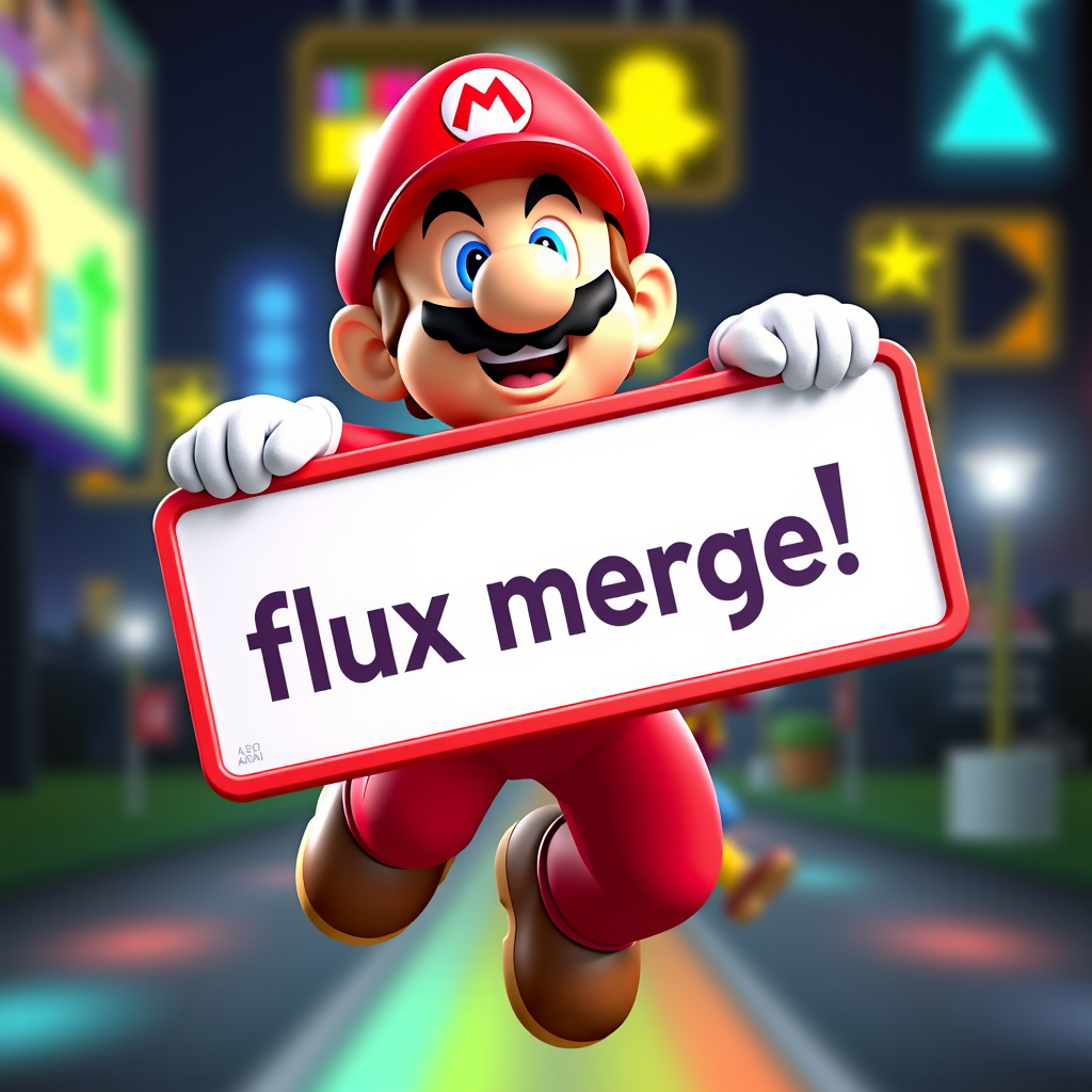 Generated super mario holding a sign that says 'flux merge!' from this merge modal